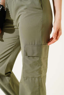 Bel Ve Paça Lastikli Kargo Cep Paraşüt Pantolon Haki - Thumbnail