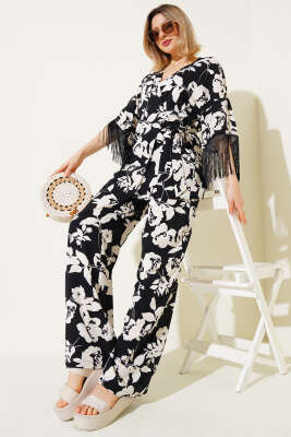 Pazarium - Desenli Yandan Bağlamalı Püsküllü Viskon İkili Takım Siyah