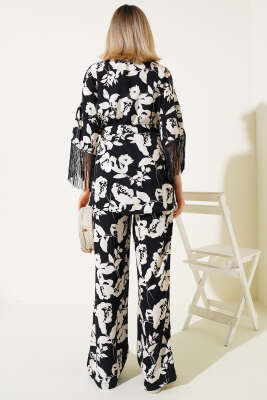Desenli Yandan Bağlamalı Püsküllü Viskon İkili Takım Siyah - Thumbnail