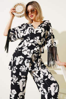 Desenli Yandan Bağlamalı Püsküllü Viskon İkili Takım Siyah - Thumbnail