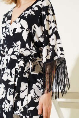 Desenli Yandan Bağlamalı Püsküllü Viskon İkili Takım Siyah - Thumbnail