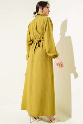 Bel Lastikli Kuşaklı Cep Kapaklı Elbise Yağ Yeşili - Thumbnail