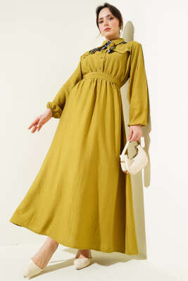 Bel Lastikli Kuşaklı Cep Kapaklı Elbise Yağ Yeşili - Thumbnail