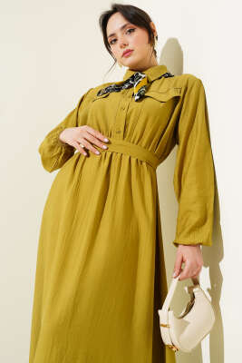 Bel Lastikli Kuşaklı Cep Kapaklı Elbise Yağ Yeşili - Thumbnail