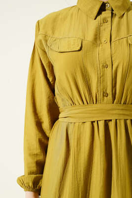 Bel Lastikli Kuşaklı Cep Kapaklı Elbise Yağ Yeşili - Thumbnail