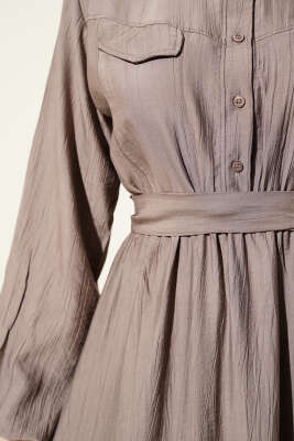 Bel Lastikli Kuşaklı Cep Kapaklı Elbise Vizon - Thumbnail