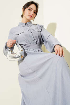 Bel Lastikli Kuşaklı Cep Kapaklı Elbise Gri - Thumbnail