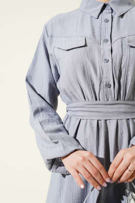 Bel Lastikli Kuşaklı Cep Kapaklı Elbise Gri - Thumbnail