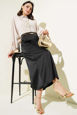 Pazarium - Yarasa Kol Kolyeli Oversize Gömlek Bej