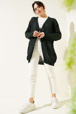 Delikli İp Bağcıklı Triko Hırka Zümrüt - Thumbnail