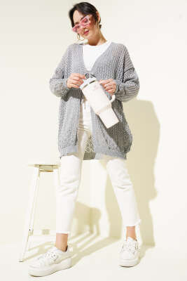 Delikli İp Bağcıklı Triko Hırka Gri - Thumbnail