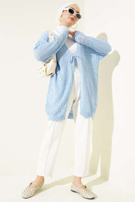 Delikli İp Bağcıklı Triko Hırka Mavi - Thumbnail