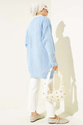 Delikli İp Bağcıklı Triko Hırka Mavi - Thumbnail