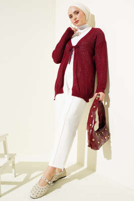 Delikli İp Bağcıklı Triko Hırka Bordo - Thumbnail