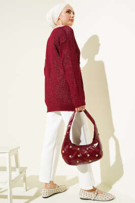 Delikli İp Bağcıklı Triko Hırka Bordo - Thumbnail