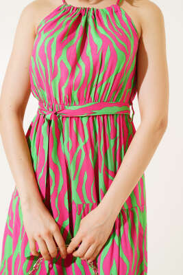 Zebra Desen Boyun Bağlamalı Kolsuz Elbise Fuşya - Thumbnail