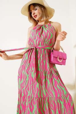 Zebra Desen Boyun Bağlamalı Kolsuz Elbise Fuşya - Thumbnail