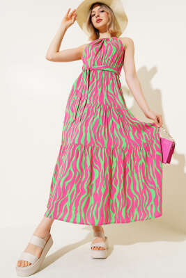 Pazarium - Zebra Desen Boyun Bağlamalı Kolsuz Elbise Fuşya