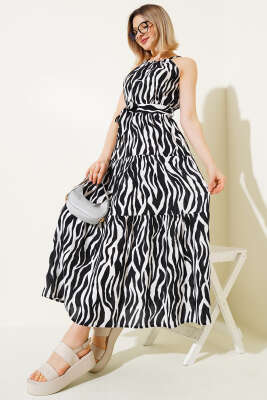 Pazarium - Zebra Desen Boyun Bağlamalı Kolsuz Elbise Siyah