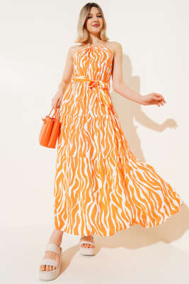 Pazarium - Zebra Desen Boyun Bağlamalı Kolsuz Elbise Oranj