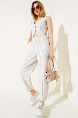 Pazarium - Çizgili Crop Yelekli Keten İkili Takım Bej