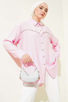 Pazarium - Göğüs Taş Sıralı Gömlek Pembe
