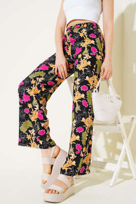 Pazarium - Karışık Desenli Bel Lastikli Pantolon Siyah Hardal