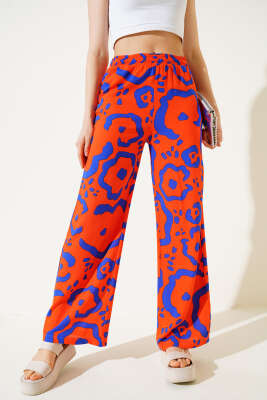 Pazarium - Karışık Desenli Bel Lastikli Pantolon Oranj