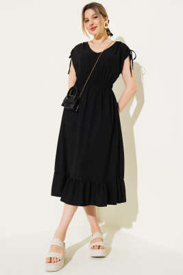 Pazarium - Bel Lastikli V Yaka Midi Elbise Siyah