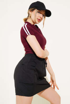 Pazarium - Boydan Fermuarlı Omuz Şeritli Crop Bordo