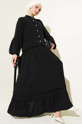 Pazarium - Taş Düğmeli Volanlı Etekli İkili Takım Siyah