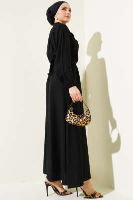 Bel Lastikli Kuşaklı Cep Kapaklı Elbise Siyah - Thumbnail