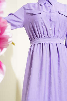 Bel Lastikli Kuşaklı Cep Kapaklı Elbise Lila - Thumbnail