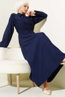 Bel Lastikli Kuşaklı Cep Kapaklı Elbise Lacivert - Thumbnail