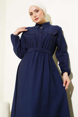 Bel Lastikli Kuşaklı Cep Kapaklı Elbise Lacivert - Thumbnail