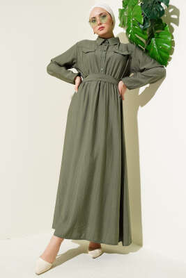 Bel Lastikli Kuşaklı Cep Kapaklı Elbise Haki - Thumbnail