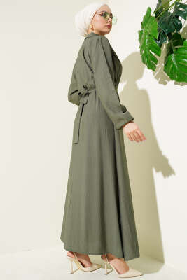 Bel Lastikli Kuşaklı Cep Kapaklı Elbise Haki - Thumbnail