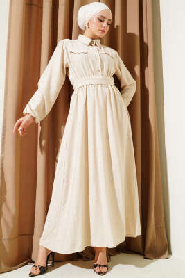 Bel Lastikli Kuşaklı Cep Kapaklı Elbise Bej - Thumbnail