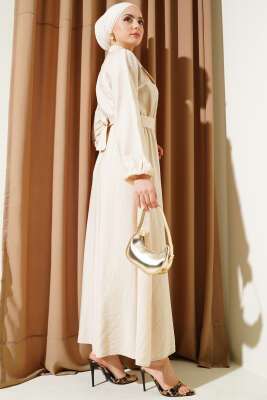 Bel Lastikli Kuşaklı Cep Kapaklı Elbise Bej - Thumbnail