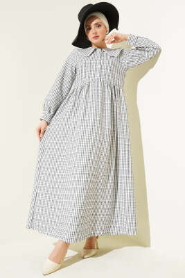 Pazarium - Yarım Düğmeli Bebe Yaka Çizgili Gofre Elbise Siyah