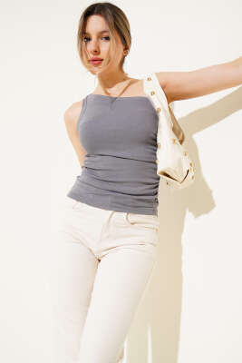 Pazarium - Yan Büzgülü Tek Omuz Bluz Gri