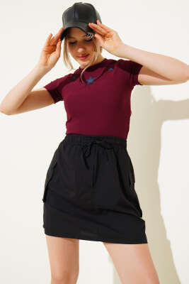 Önü Yıldız Desenli Crop Bordo - Thumbnail