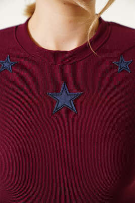 Önü Yıldız Desenli Crop Bordo - Thumbnail