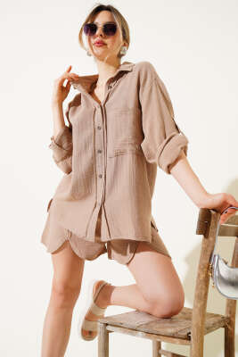 Pazarium - Cepli Şortlu Müslin İkili Takım Latte