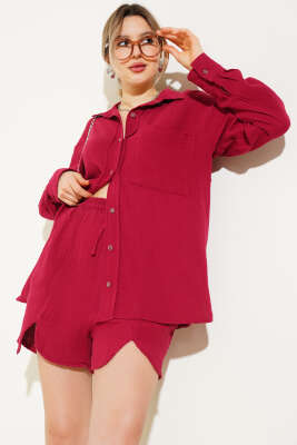 Cepli Şortlu Müslin İkili Takım Bordo - Thumbnail