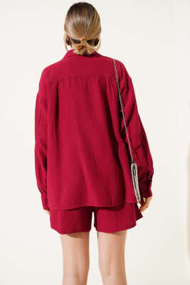 Cepli Şortlu Müslin İkili Takım Bordo - Thumbnail