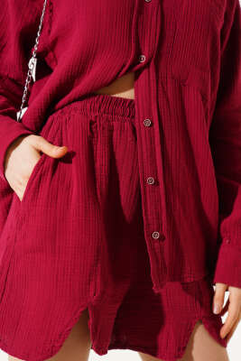 Cepli Şortlu Müslin İkili Takım Bordo - Thumbnail