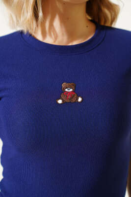 Ayıcık Nakışlı Kısa Kol Crop Lacivert - Thumbnail