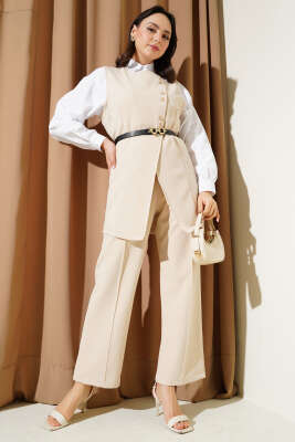 Pazarium - Uzun Yelekli Kemerli İkili Takım Bej