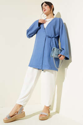 Yandan İp Bağlamalı Kimono Mavi - Thumbnail